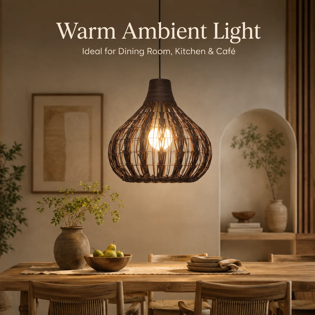 JOYINLED 33cm Brown Woven Pendant Light, E26/E27 Boho Rattan Hanging Ceiling Lamp for Bedroom, Dining Room, Bulb Not Included