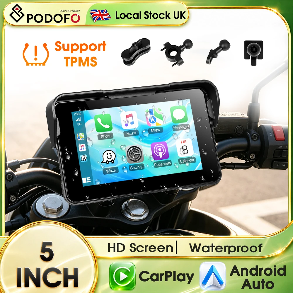 PODOFO 5-Inch HD Motorcycle Display IP68 Waterproof CarPlay
