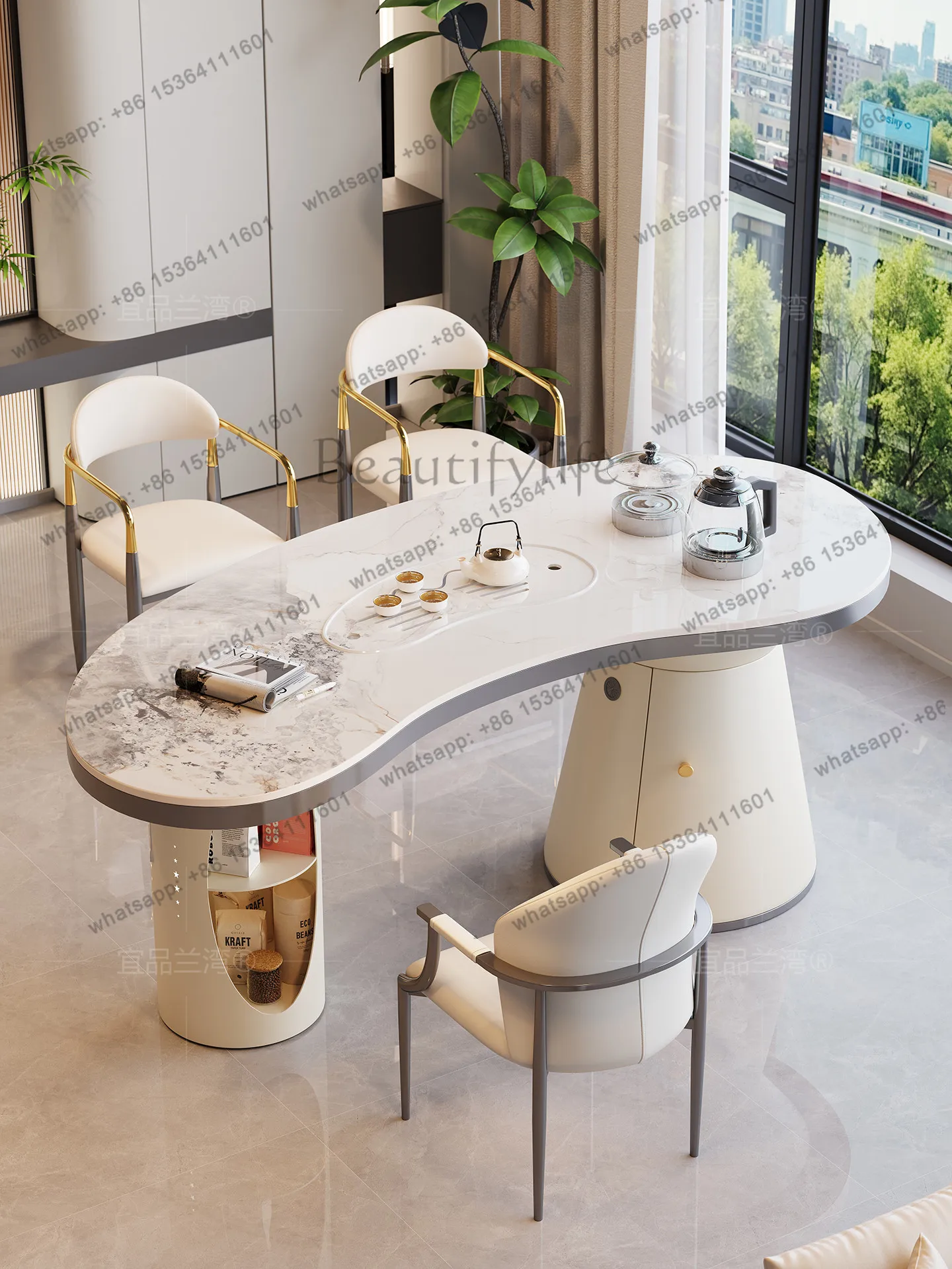 

2025 new high-end white rock slab tea table kettle integrated embedded