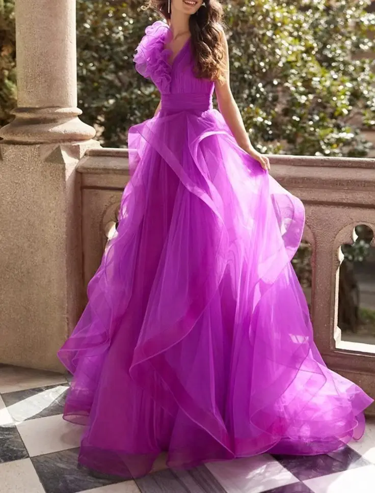 

Luxurious Fuchsia Prom Dresses Sleeveless Tulle V Neckline Ruffles Formal Party Special Occasion Women Evening Gowns Long