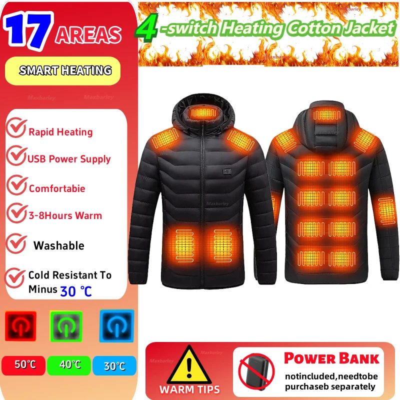 

​17-21 Zones Heated Jacket Men Women Winter USB Electric Heating Parka 4 Temp Padded Coat for Camping Ski Hiking Windproof​