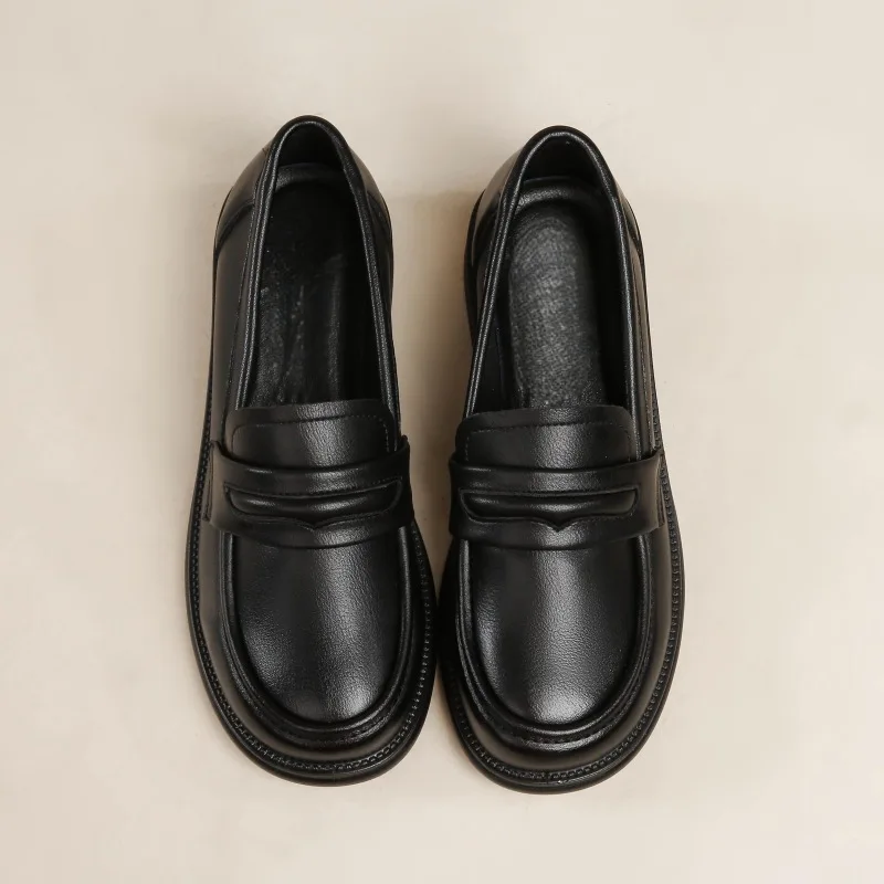 Zapatos de cuero con punta redonda para mujer, mocasines de tacón bajo, calzado profesional para oficina o carrera, zapatos de camarero negros para mujer WSH5239