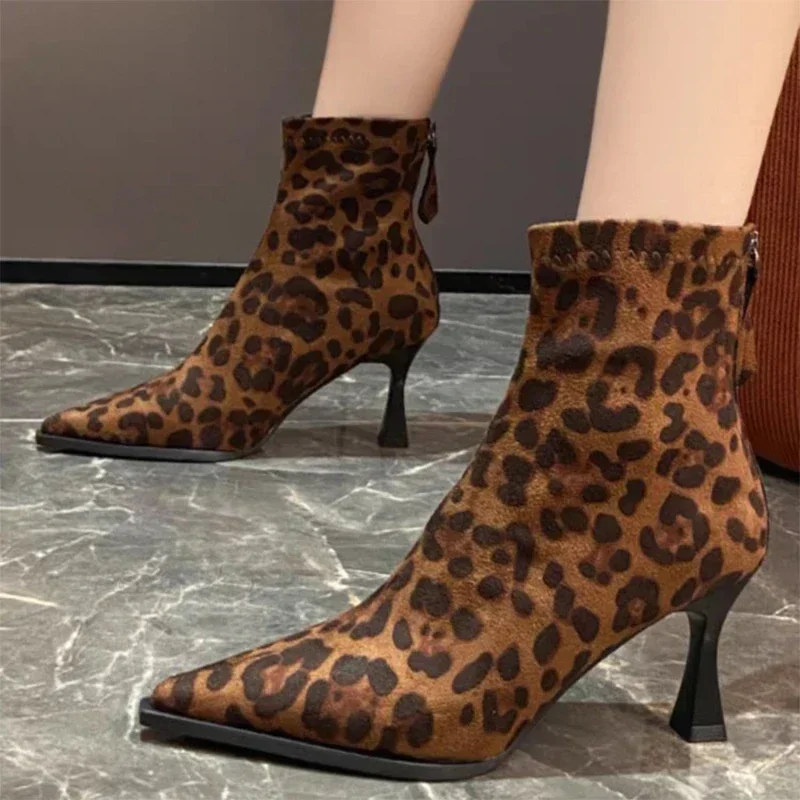 Leopard Print Women\'s Ankle Boots Pointy Sexy Heels 2024 Trend  Fall Luxury Party Heels Fashion Goth Portas Mujer