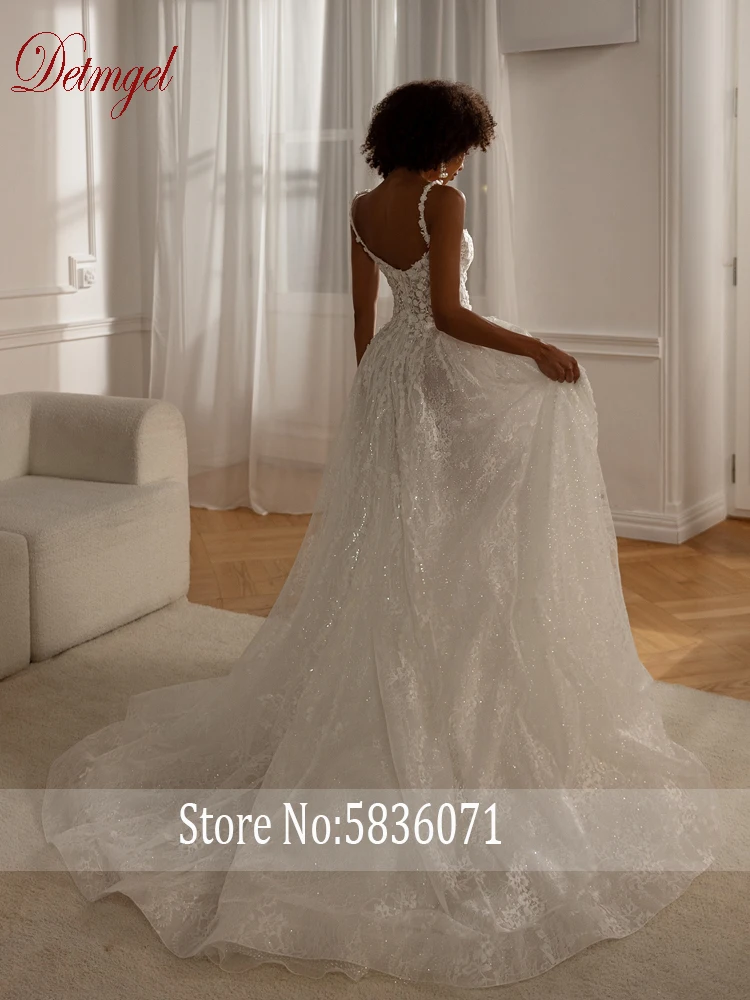 Detmgel New Modern Scoop Neck A-Line Wedding Dresses Luxury Sleeveless Beading Lace Court Train Bridal Dresses Customized