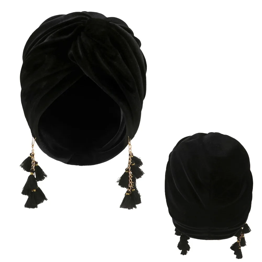 

Casual Breathable Turban Hat with Tassels Bohemian Hijab Velvet Soft Headwear Cap Women