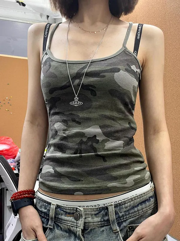 Pure Cotton Camouflage Short Strap Women's Top Slim Fit Unique Design Summer New Style Casual Fashion Outerwear Vest