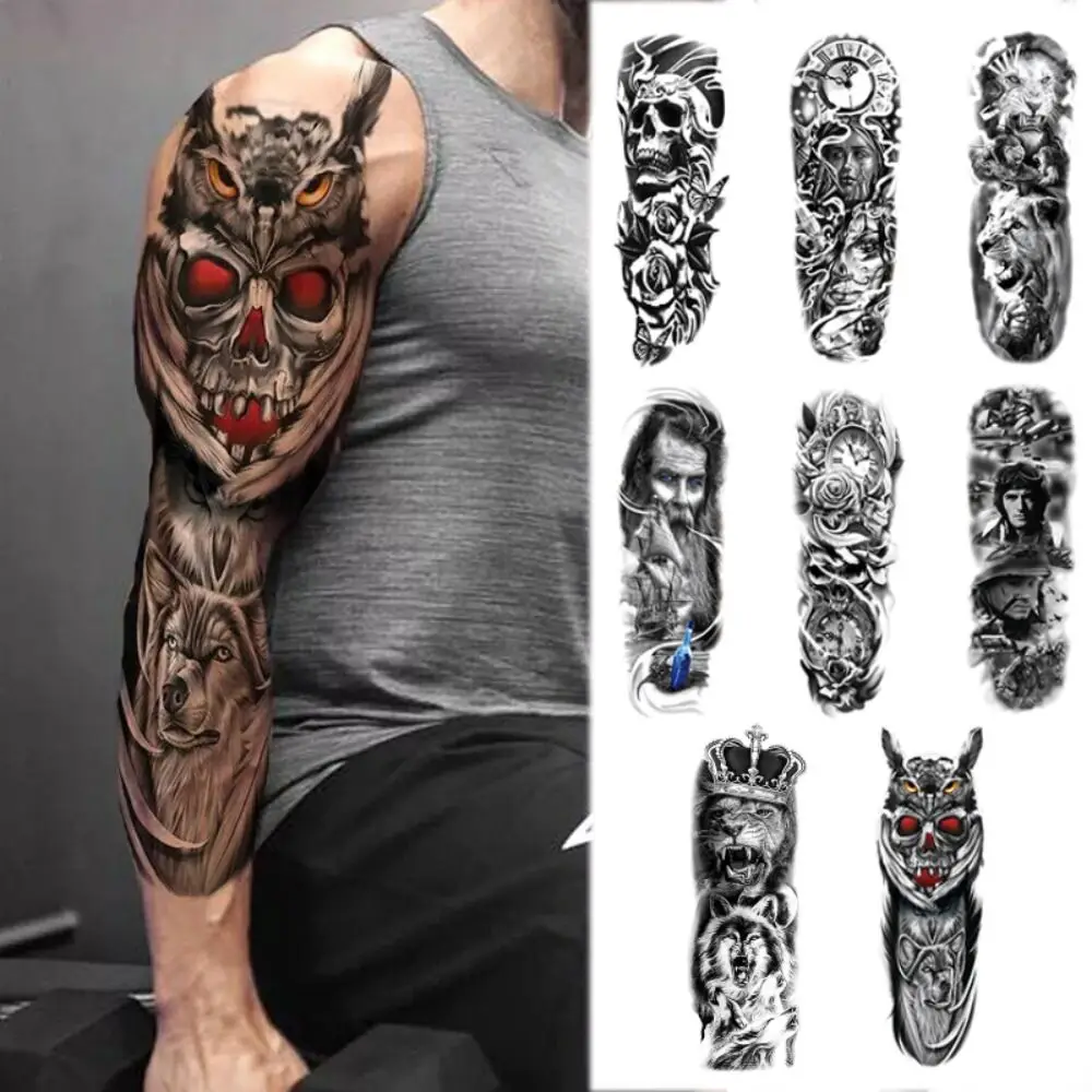 Durable Temporary Full Arm Sleeve Tattoos Stickers Lifelike Lion King Rose Full Skull Totem Tattoo Sticker Waterproof Fake Tatto