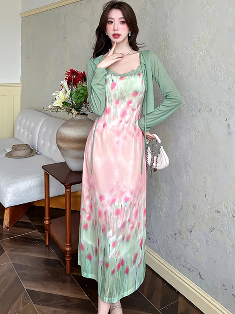

2025 New Fashion Mesh Floral Lace Sling Dress+Green Top Shirts Two Piece Sets Women Summer Beach Style Elegant Casual Dress Sets