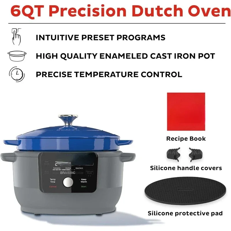 Instant Electric Round Dutch Oven, 6-Quart 1500W, 5-in-1: Braise, Slow Cook, Sear/Sauté, Cooking Pan, Food Warmer, Blue