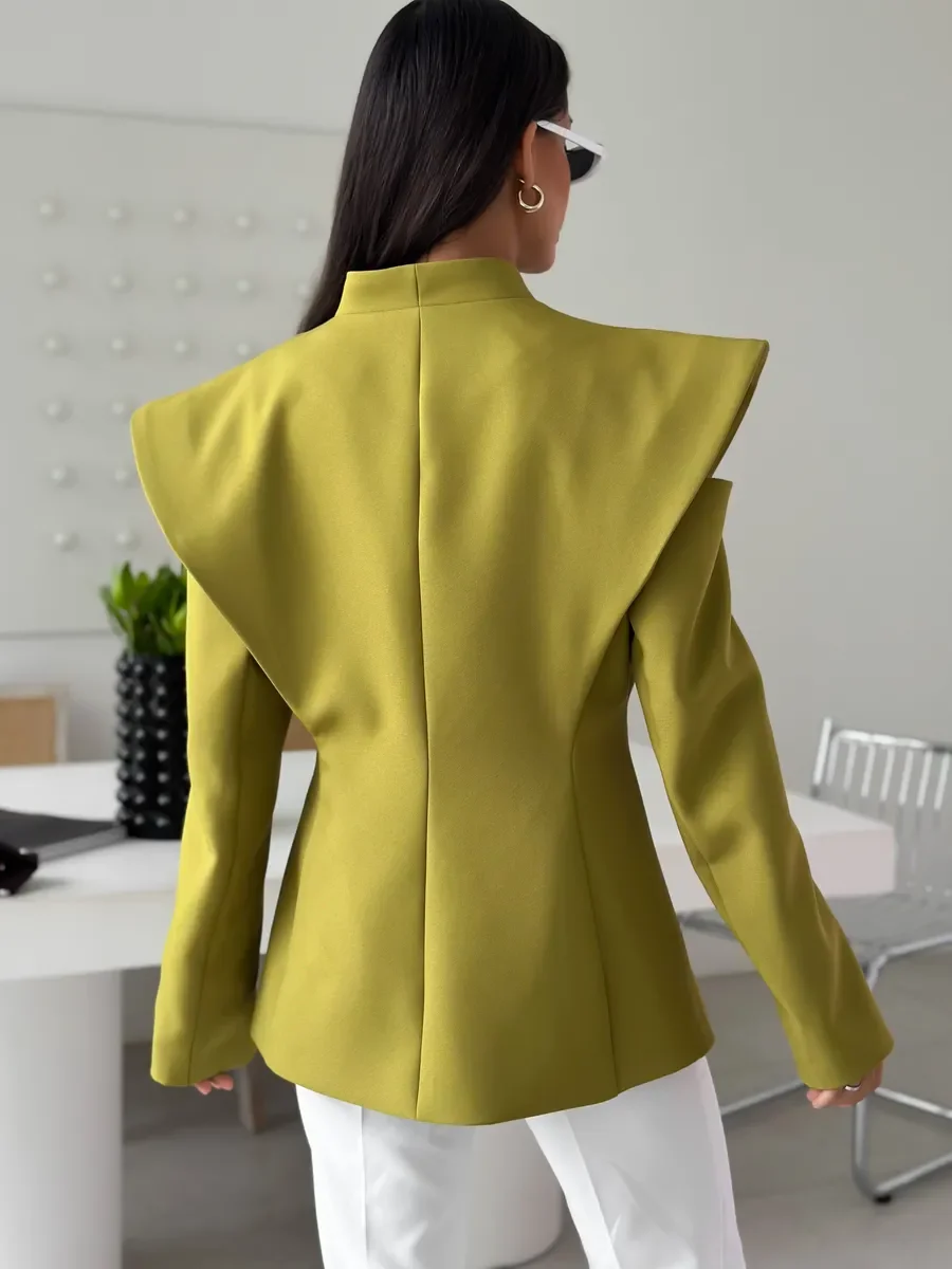 LIMO  Asymmetric Lapel Cut Out Shoulder Blazer Double Breasted Slim Waist Structured Shoulder Elegant Women Formal Suit Jacket