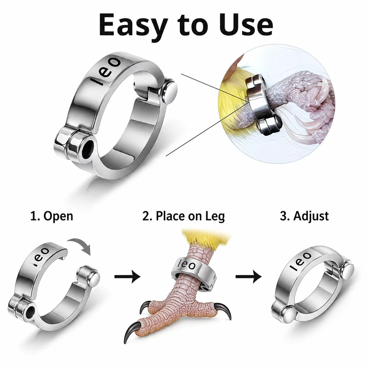2 Stück personalisierte Vogelfußringe, lasergravierte Namensringe, personalisierte Fußringe für Wellensittiche, Nymphensittiche und Aras, offenes, verstellbares Design, Zubehör für Vogelfußringe, besonderes Geschenk für Ihren geliebten Vogel. – Detail 5