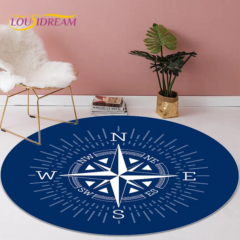 3D 만화 레트로 나침반 원형 영역 러그, 거실 침실 소파 장식용 라운드 카펫 러그, 어린이 미끄럼 방지 바닥 매트, 애완 동물 매트