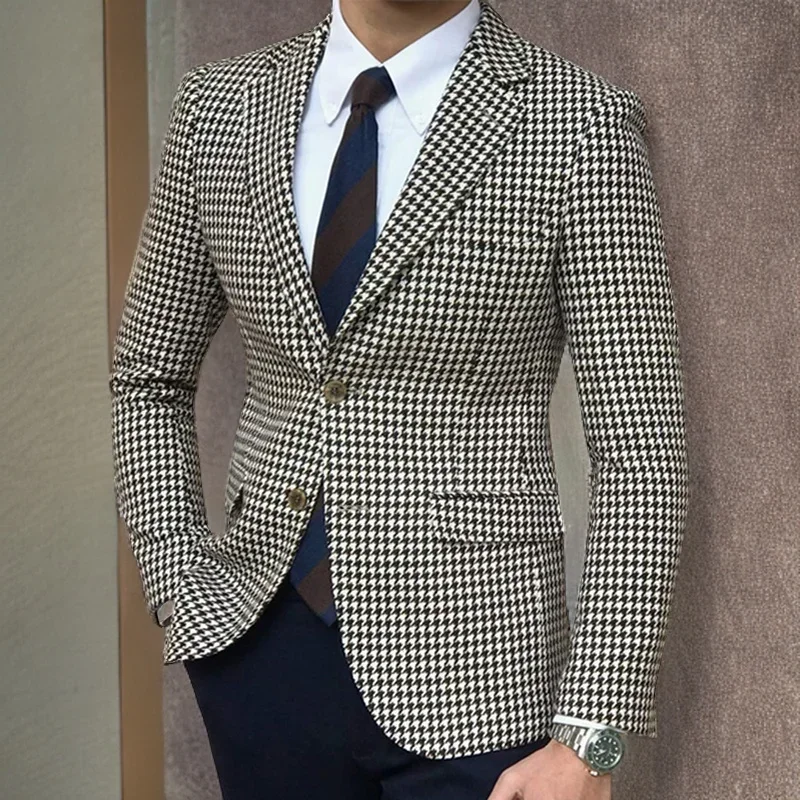 Houndstooth Plaid Blazer For Men One Piece Suit Jacket With 2 Side Slit Slim Fit Casual Male Fashion Clothes 2025