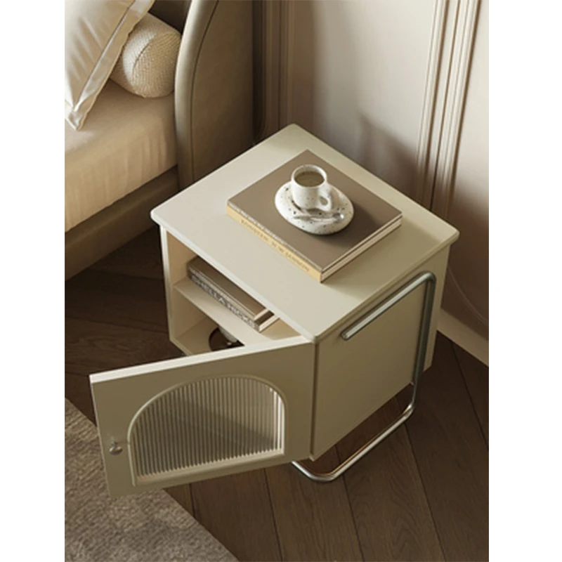 French Cream White Smart Bedside Table With Light Modern Minimalist Multi-functional Bedroom Storage Nightstand - view 3
