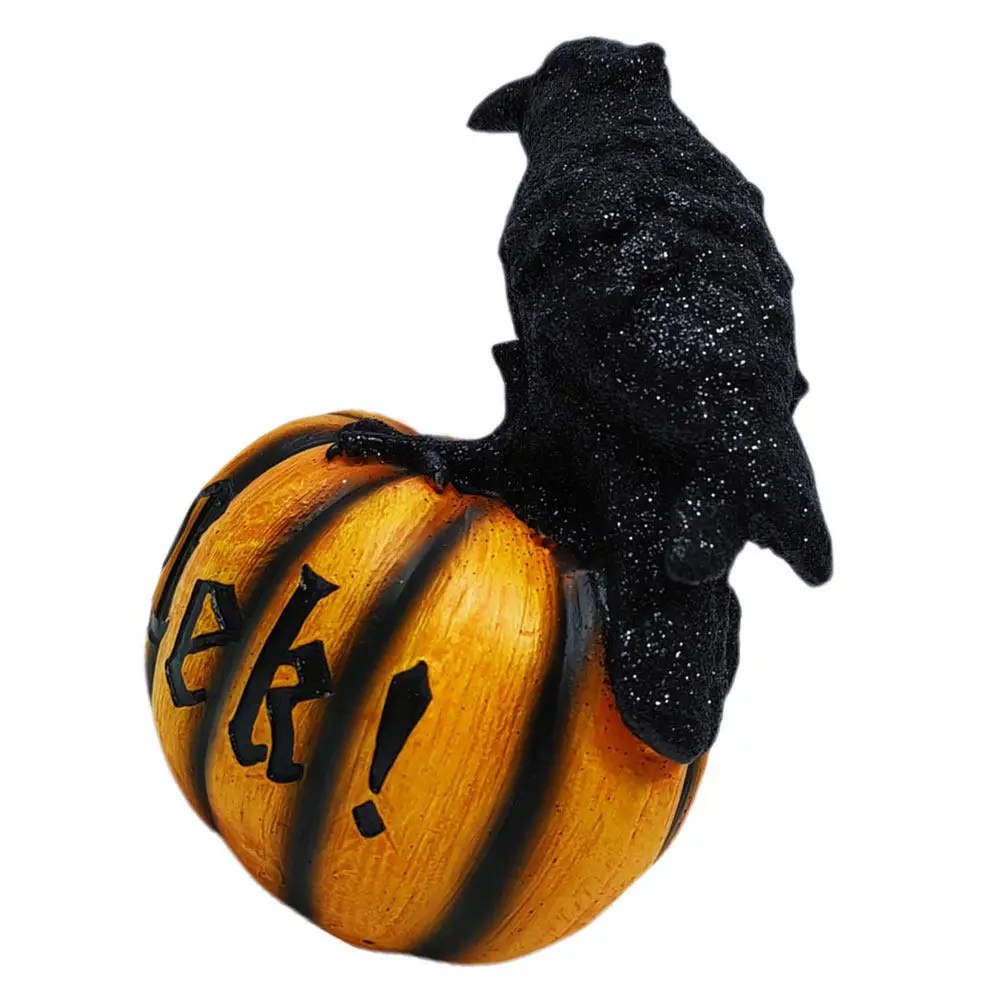 Halloween Pumpkin Crow Resin Sculpture Detailed Carved Hand Painted Garden Desktop Decor Halloween Party Decoration Scary Prop