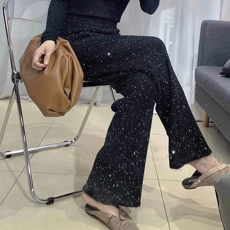 Shining Starry Knitted Pants and Women's Wide-Leg Pants for Autumn and Winter Sequin Casual Straight Trousers Pants