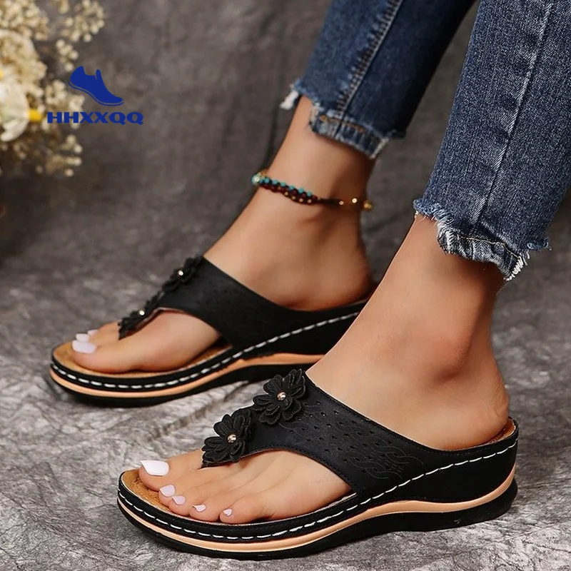 2021 New Summer Flower Women\'s Sandals Car Line Non-slip Beach Shoes Large Size Flip Flops Wedges Comfortable Sandals Women 43