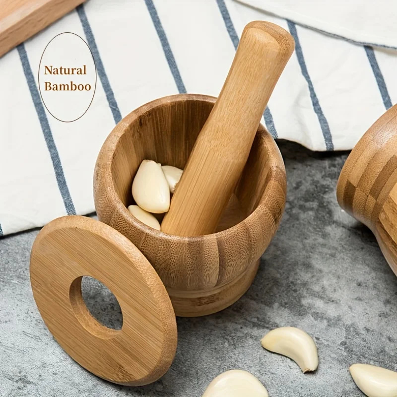 Garlic Mortar and Pestle Premium Bamboo 1 Set Effortless Spice Grinder for Garlic Herbs Chili Rust-resistant Kitchen Tool