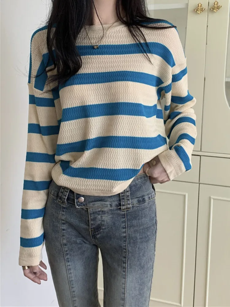 

Autumn Winter New Knitwear Women Long Sleeve Round Neck Stripe Basic Knitted Tops Female Casual Loose Sweaters