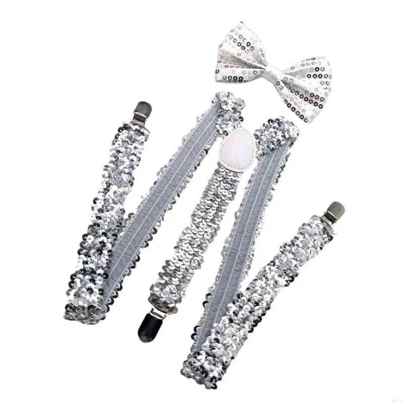 W0YA Shimmering Suspenders and Bowtie Set for Men with Metal Clip Comfortable and Popular Costume Brace for Party Gathering