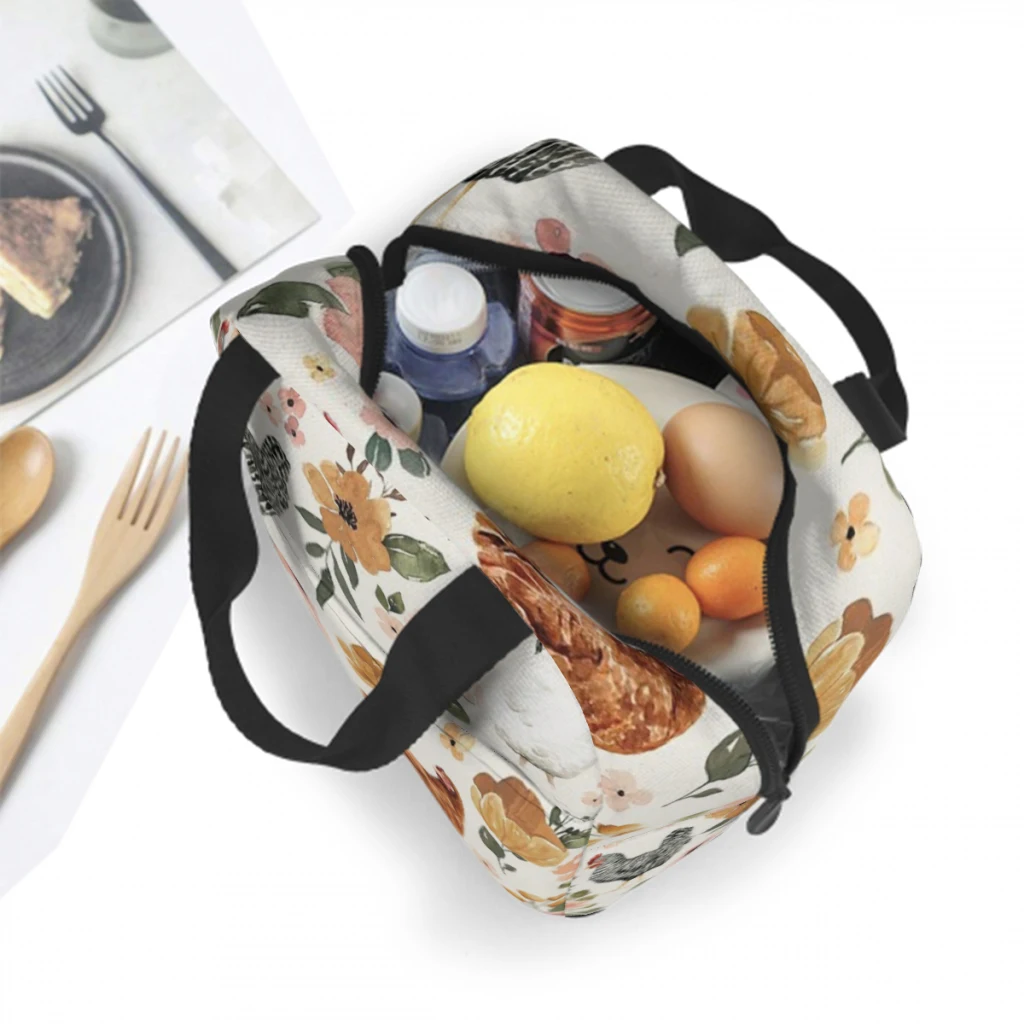 Aquarel kip bloemen, Charlotte Floral Collection lunchtas voor school waterdichte picknick thermische koeler geïsoleerde lunchbox