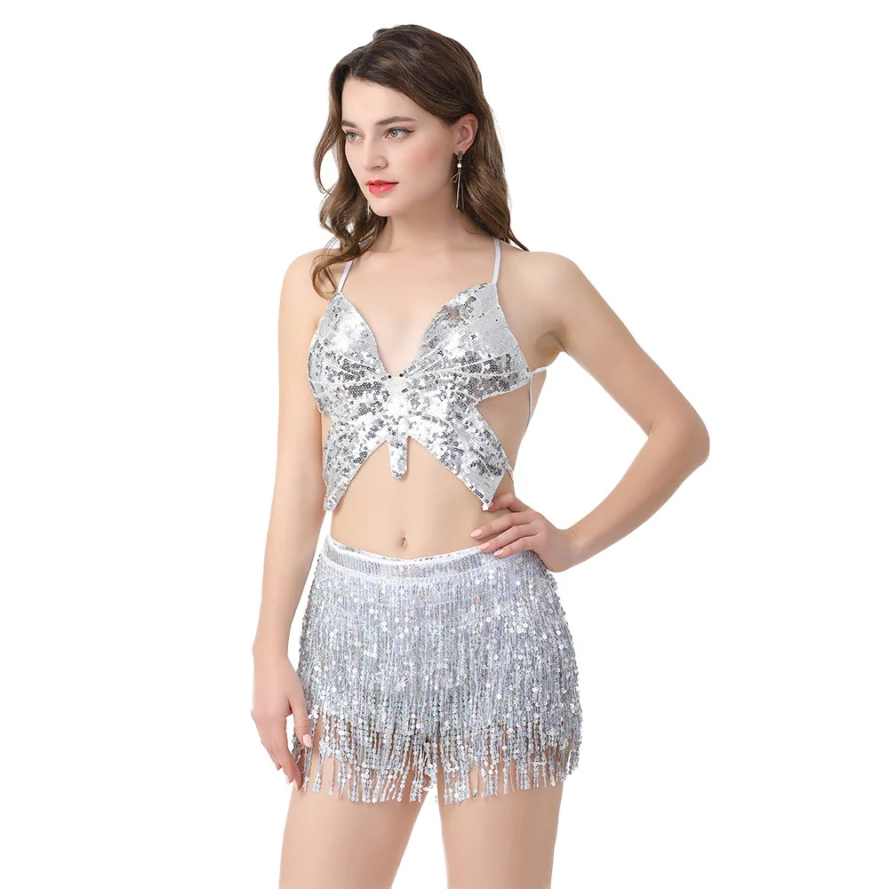 Vestido de danza del vientre para actuación en escenario, conjunto de cinturón, ropa india para mujer, falda gitana, borla de lentejuelas, traje de baile en Barra de Jazz