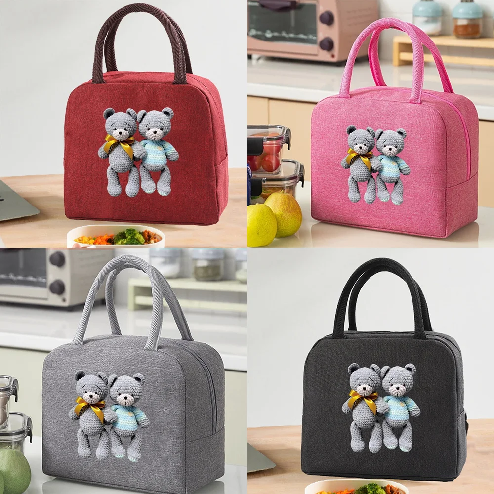 Insulated Lunch Bag Picnic Portable Thermal Food Picnic Bear Pattern Canvas Handbags Box for Women Kids Lunch Bags for Work