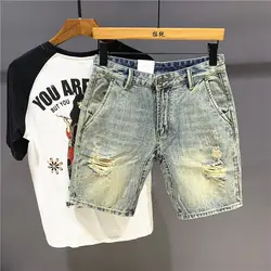 New Harajuku Designer Vintage Knee Length Denim Shorts for Men Casual Summer Wear Distressed Ripped Holes Washed Boyfriend Jeans