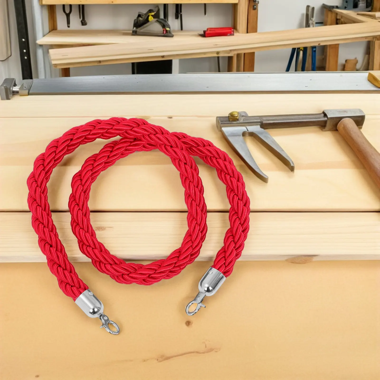 Red Stanchion Rope Barrier Braided Queue Control Rope 1.5m Chrome Hooks Heavy-Duty Crowd Management Event Theater Vip Safety