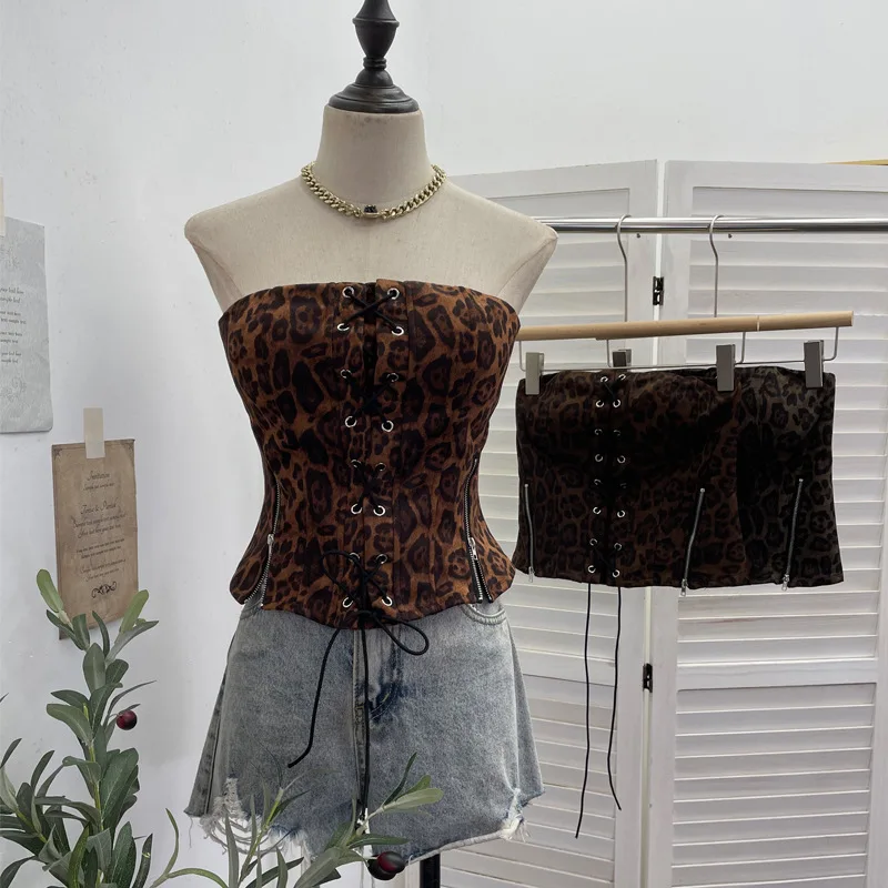 Sexy Leopard Print Lace-up Strapless Zipper Split-fork Tube Top with Chest Strip Short Slim-fit Vest Y2k Top