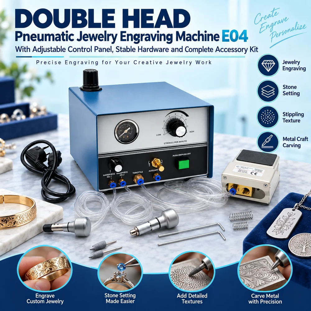 DOUBLE HEAD Pneumatic Jewelry Engraving Machine E04 with Adjustable Control Panel, Stable Hardware and Complete Accessory Kit