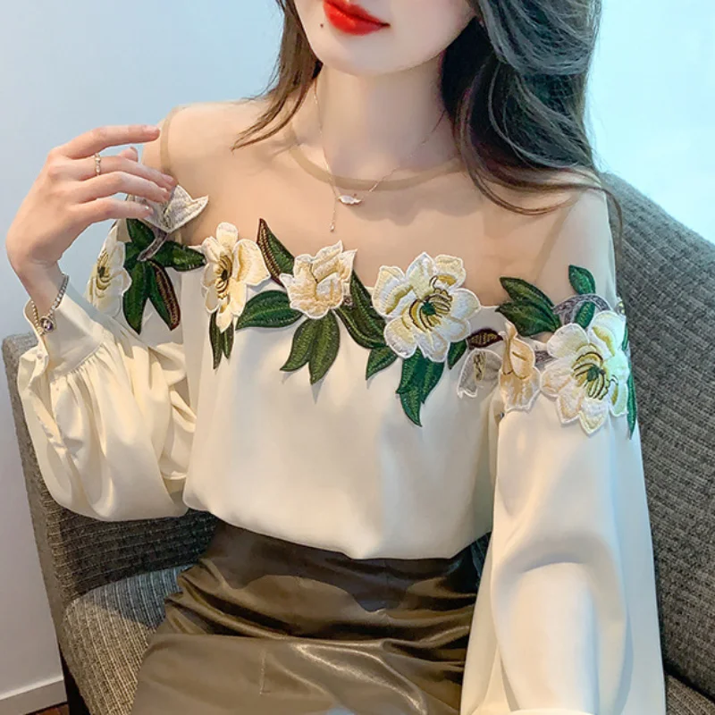 Autumn Mesh Patchwork Long Lantern Sleeve Shirt Spring Embroidered Satin Blouse O-neck Tops Women\'s Clothes Elegant New 24976