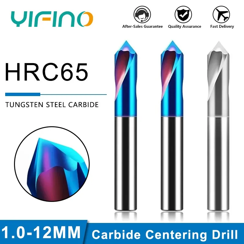 YIFINO HRC65 CNC Tungsten Steel Center Point Drill For Stainless Steel Aluminum 90 Cemented Carbide Centering Drill Bit Tool