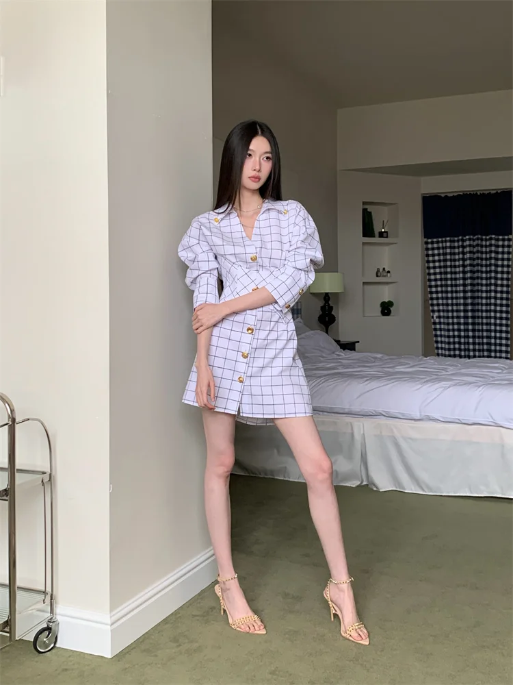 CHEERART 가을 2025 패션 여성 격자 무늬 셔츠 드레스 디자이너 흰색 단추 업 칼라 미니 짧은 드레스 패션 의류
