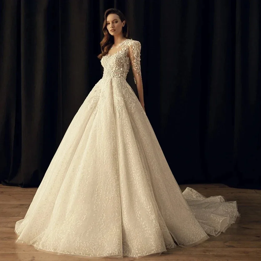 

Exquisite A-Line Princess Wedding Dresses O-neck Long Sleeve Vestido De Novia Gorgeous Appliques Customized Bridal Gown