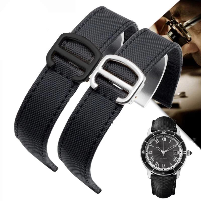 

Nylon Genuine Leather Back Watchband For Cartier Tank Must Black Knight London Canvas Watch Band Watch Strap 16mm 18mm 20mm