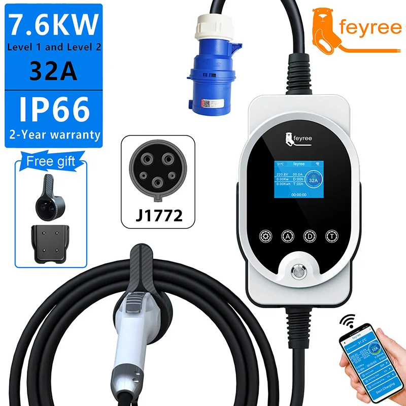 

feyree Portable EV Charger Type1 Plug 32A 40A 50A EV Fast Charging Cable 5m Electric Car Charging Station wallbox Adjust Current