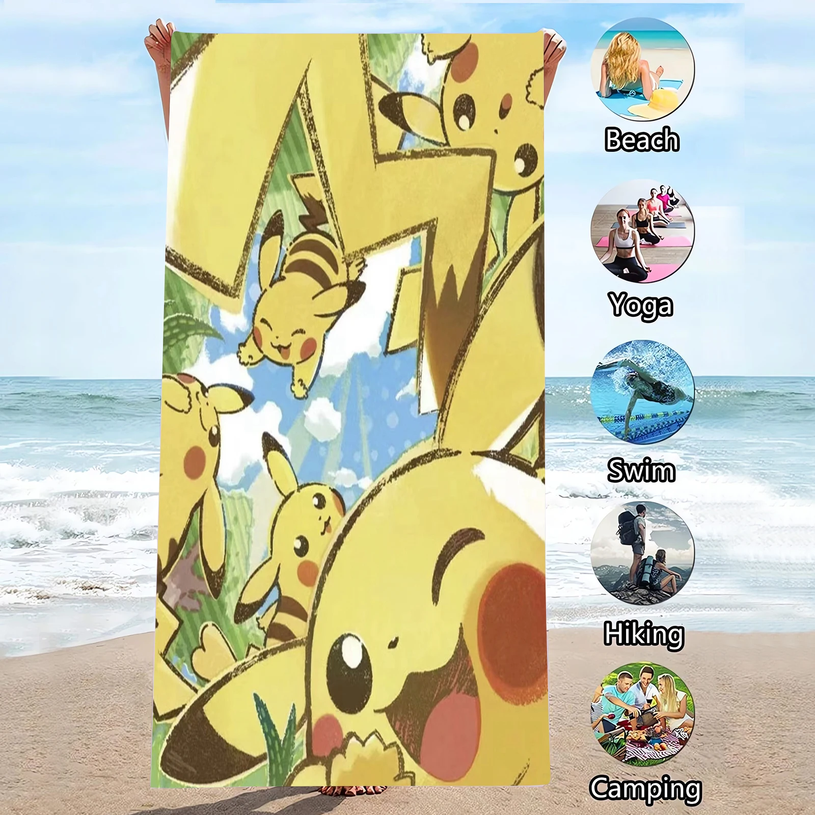 Pikachu Cartoon Pokemon Shower, Large Microfiber, Travel, Picnic Pool, Cute Towel for Kid, Bathroom, Women, Bathroom