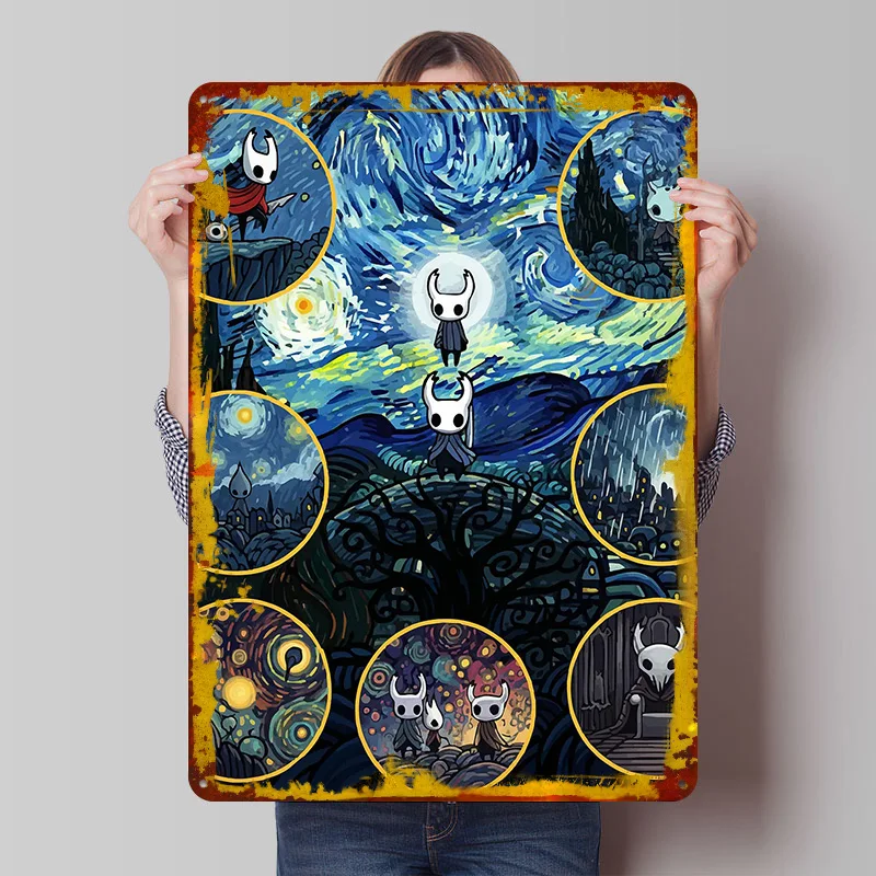 Hollow Knight Starry Night Mashup Blechposter, individuelle Wandkunst, Vintage-Metallschilder, Retro-Blechplakette zur Dekoration, Raumdekoration