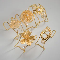 Elegant Unique Gold Plated Imitation Pearl Geometric Design Cuff Open Bangles Stainless Steel For Women Bracelet Jewelry Gifts