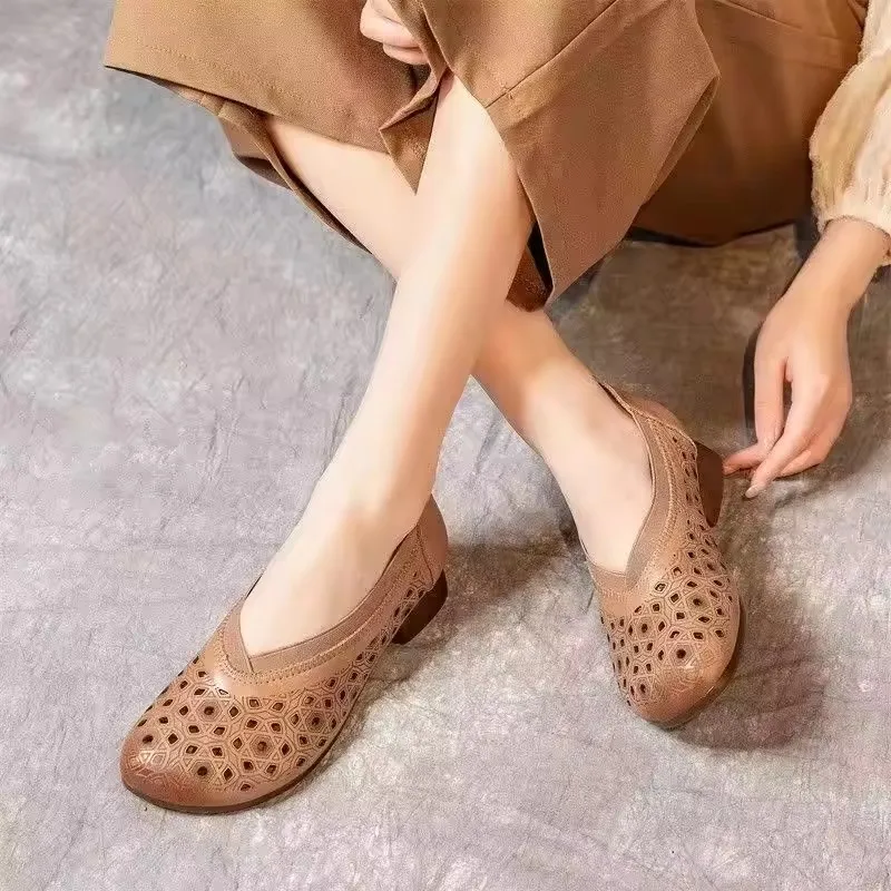 أحذية نسائية فرنسية كاجوال من الجلد أحذية مسطحة صيفية مجوفة ناعمة أنيقة بدون كعب أحذية نسائية #5