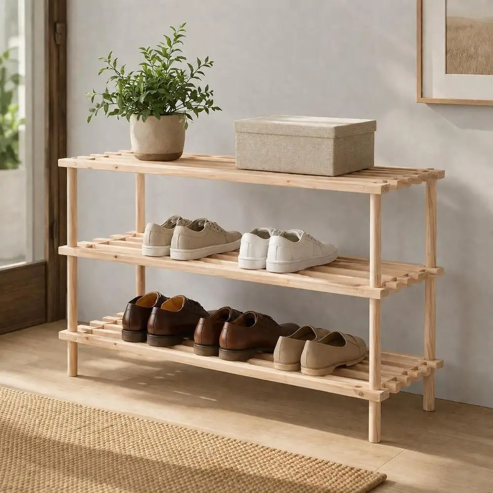 Étagère à chaussures 3 cm à trois niveaux en bois massif, forme en S classique, outils d'assemblage inclus, structure robuste pour un rangement organisé dans l'entrée et le couloir de votre maison