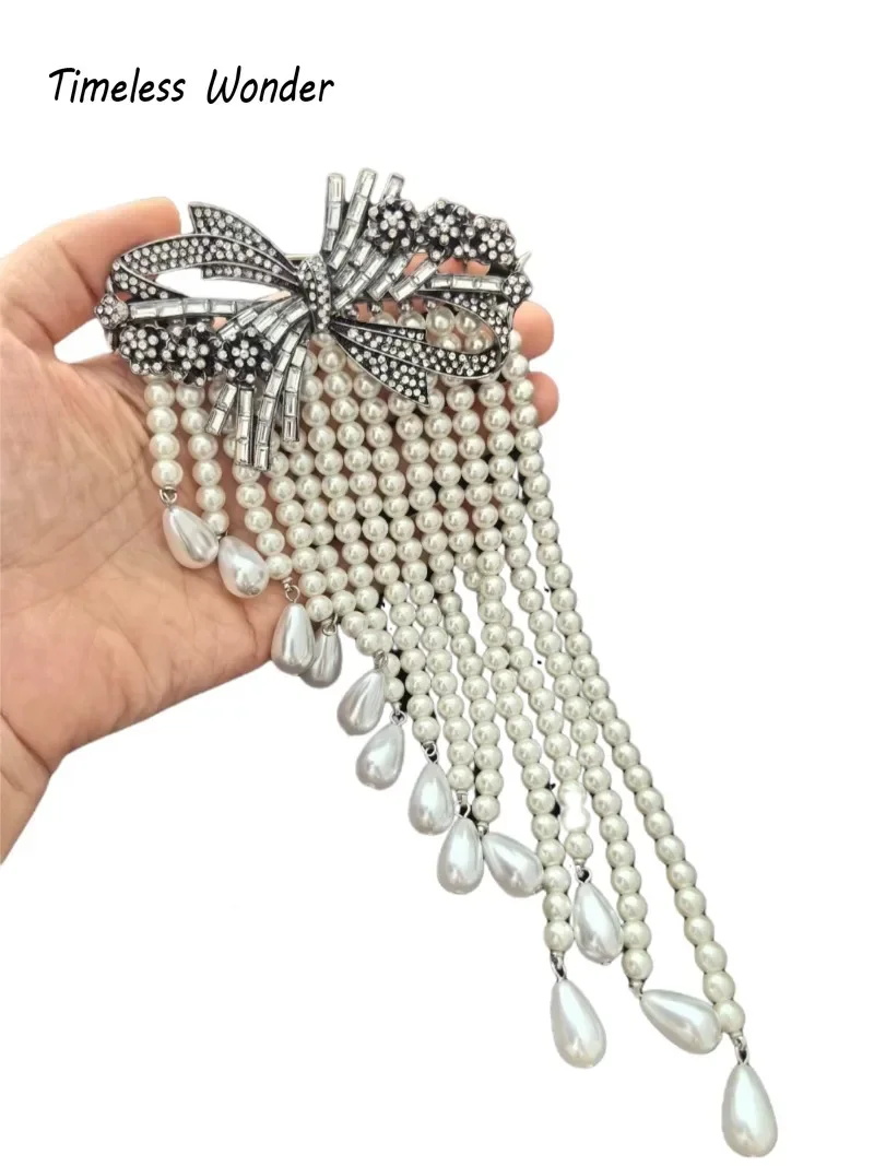 Timeless Wonder Fancy Zircon Bowknot Beaded Tassel Brooch Pins for Women Designer Jewelry Runway Rare Top Punk Luxury Gift 9523