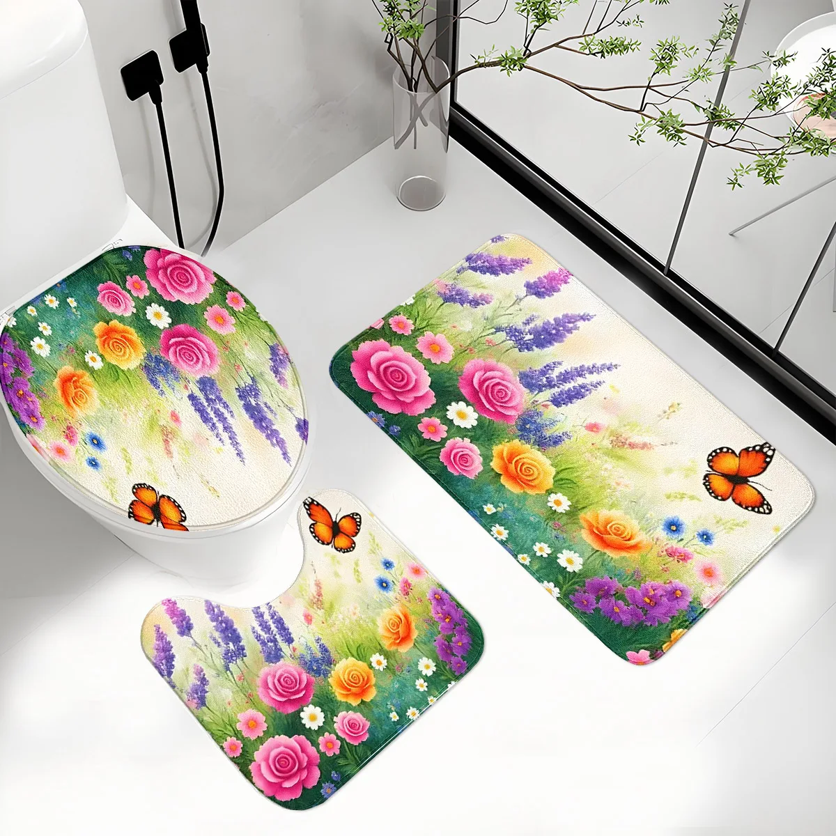 Lavender Butterfly Bathroom Three-Piece Set Flannel Toilet Mat + Floor Mat + U-Shaped Foot Mat Non-Slip, Water-Absorbent, Washable, Romantic Pastoral Style Bathroom Decoration Set