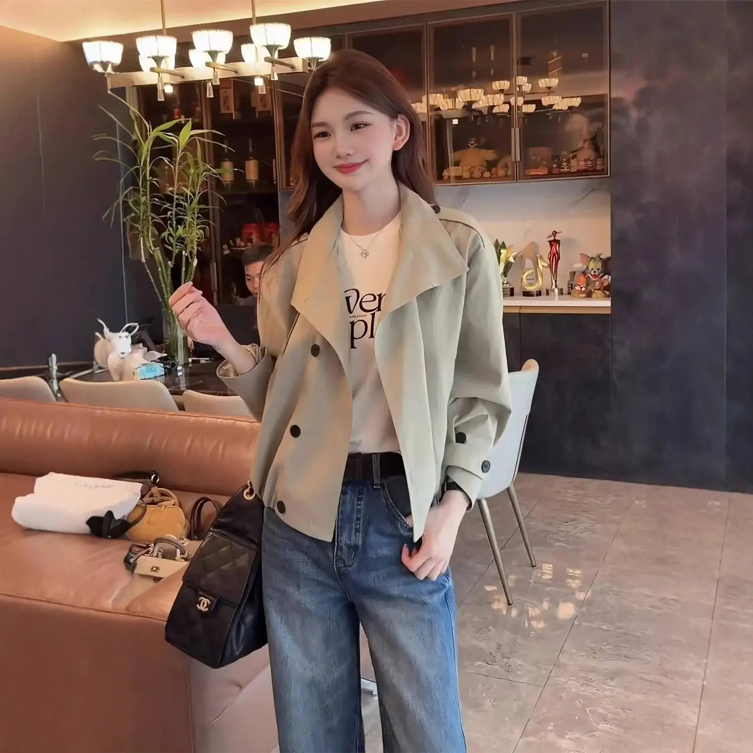 Casual British Short Double-Breasted Coat Women's Loose Fit Shirt Collar Outerwear Autumn New Arrival Fashion Lady Style