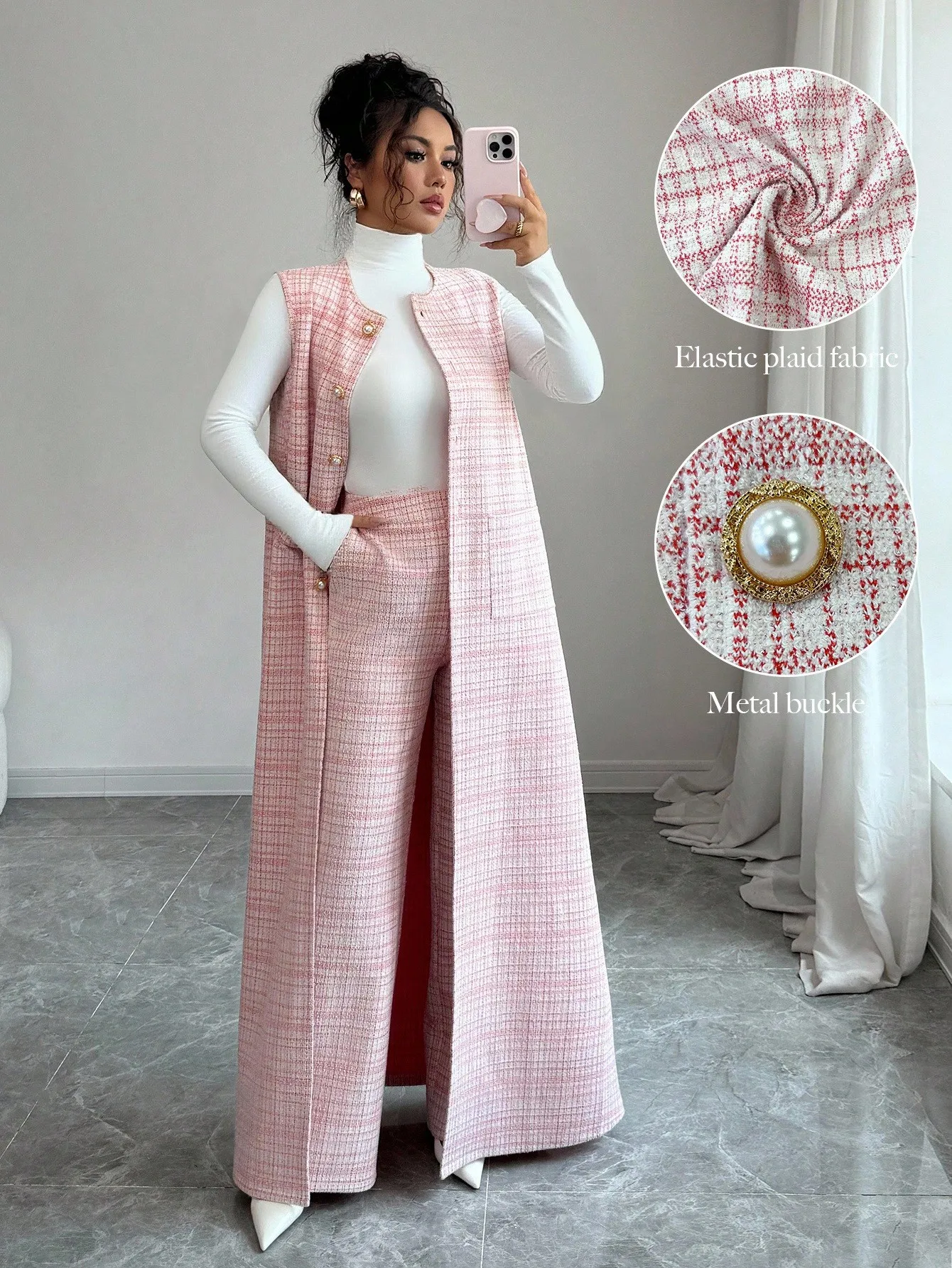 

Женский комплект из 2 предметов: длинный жилет в клетку и брюки с широкими штанинами с металлическими пуговицами в стиле жемчуга