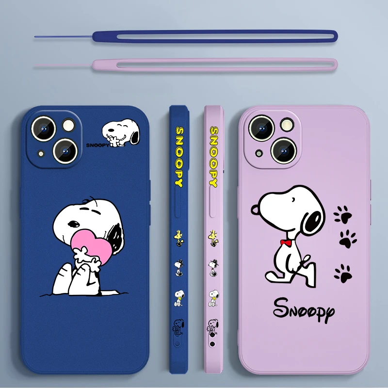 Cartoon S-SnoopyS For Apple iPhone 15 14 13 12 11 XS XR X 8 7 Pro Max Plus Mini Liquid Left Rope Phone Case