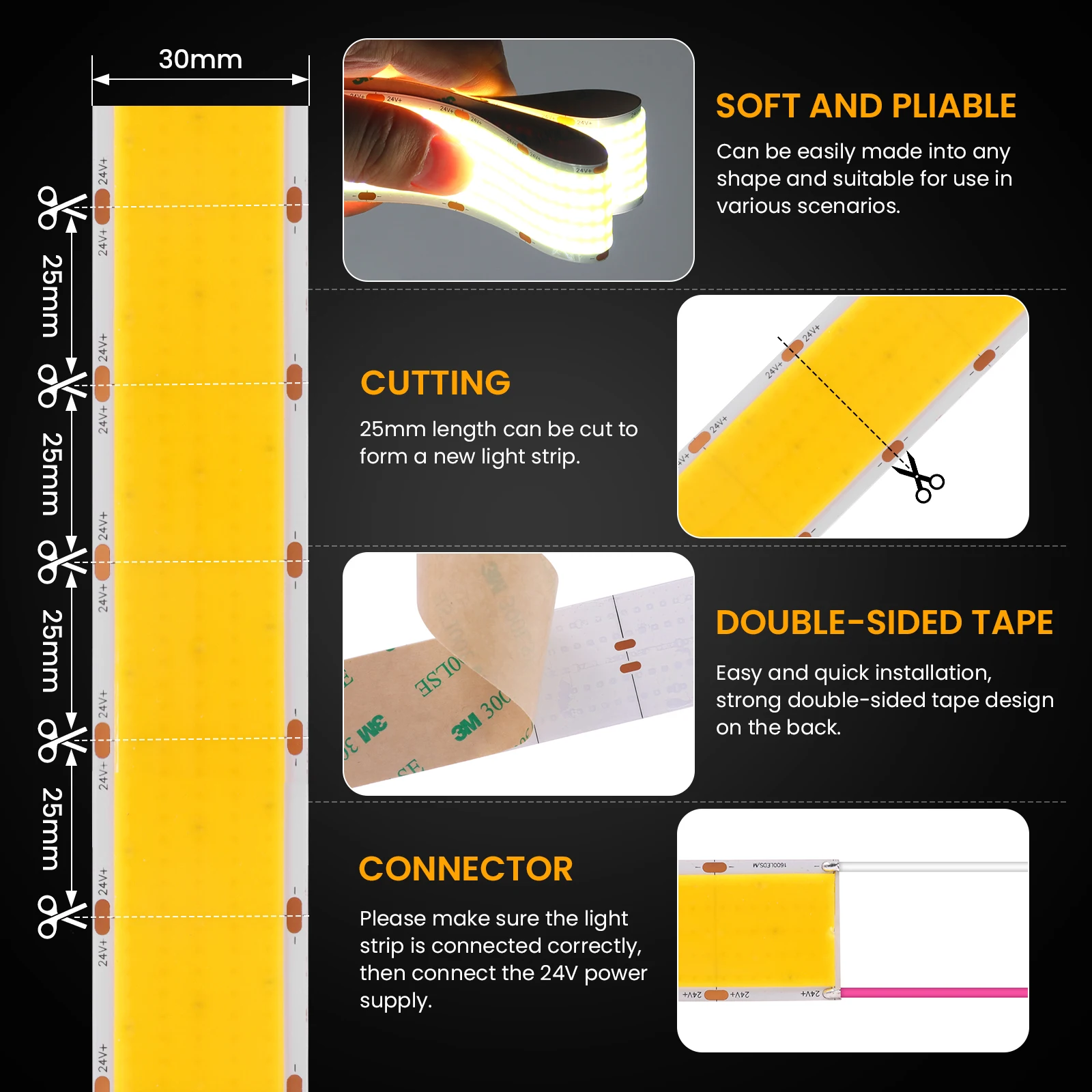 Imagem -05 - Ultra Brilhante Cob Led Strip Alta Densidade Luz Flexível Regulável 30 mm Pcb Largura 3000k 4000k 6000k 1600leds por m 24v