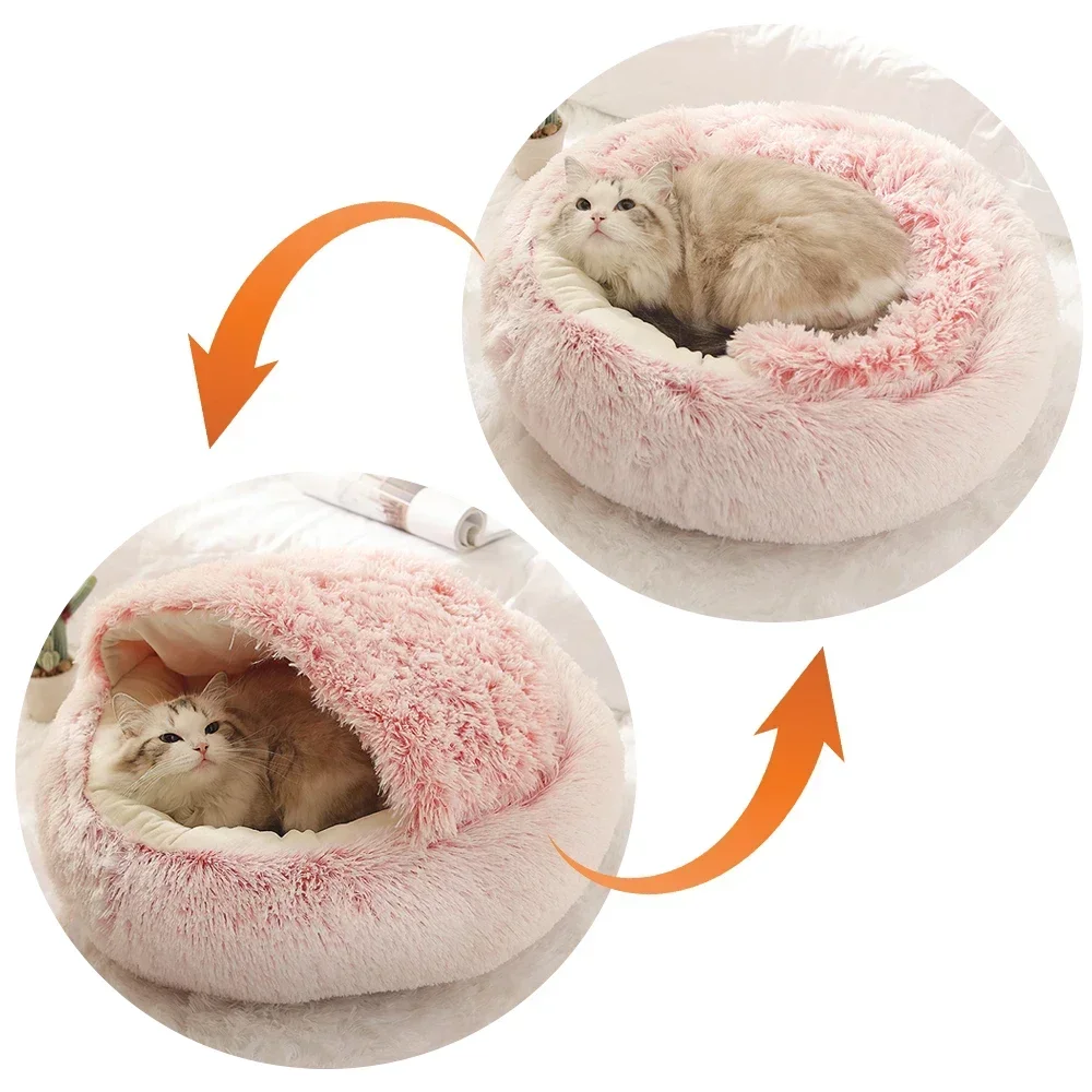 Winter Long Soft Plush Round Cat Bed Pet Mattress Warm Comfortable Basket Cat Dog 2 In 1 Sleeping Bag Nest For Small Dogs Cats