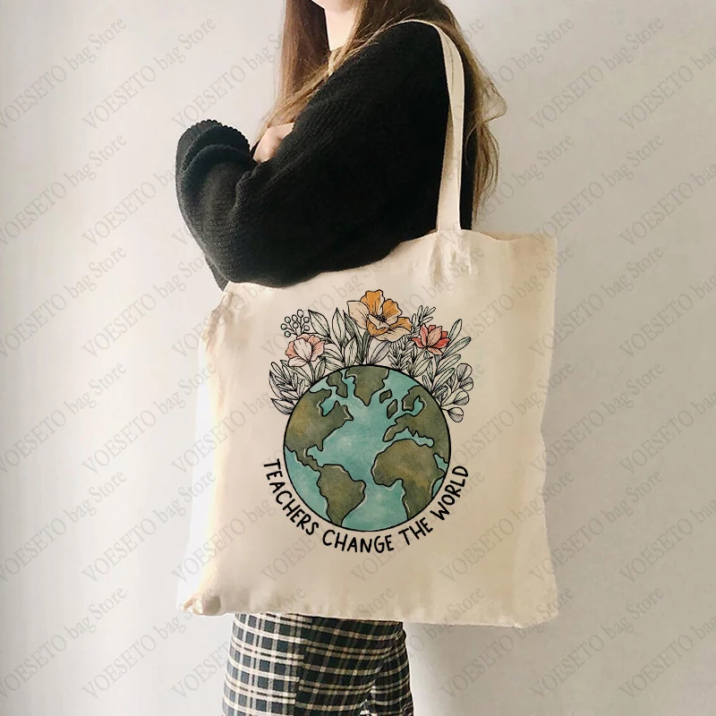 Teachers Change The World Pattern Shopping Bags Canvas Shoulder Bag Handbag Foldable Storage Tote Bag Handbag Gift For Teacher